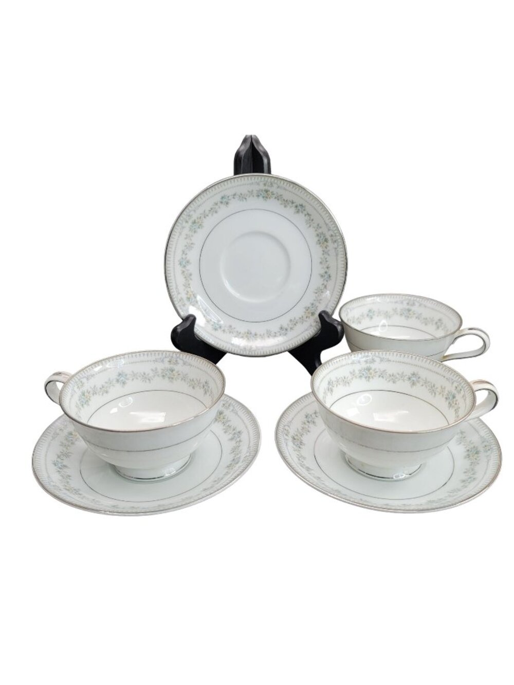 Noritake Norwood Tea Cups and Saucers Set of 3 White Silver Floral Japan Cr157